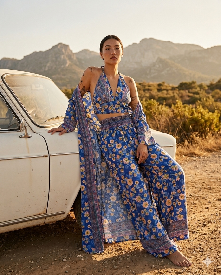 Royal Bohem Gold Yaldızlı 5 Parça İpek Takım – Kimono Büstiyer Pantolon Set